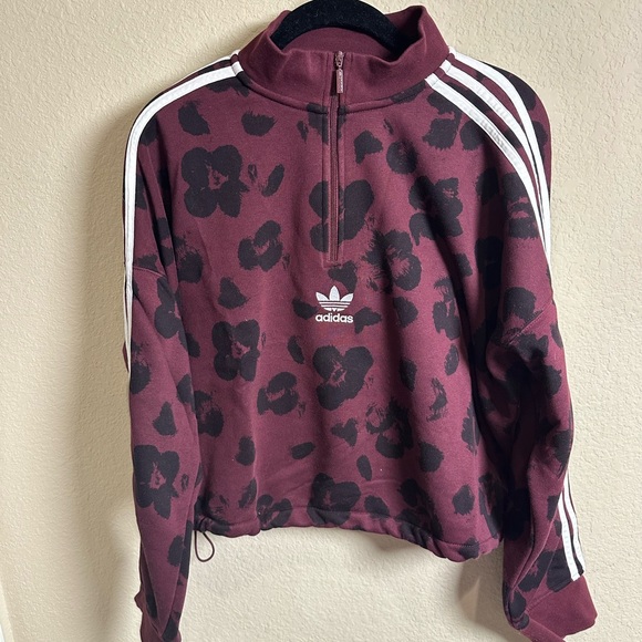 adidas Tops - Adidas Burgundy Leopard Print Half-Zip Cropped Sweatshirt